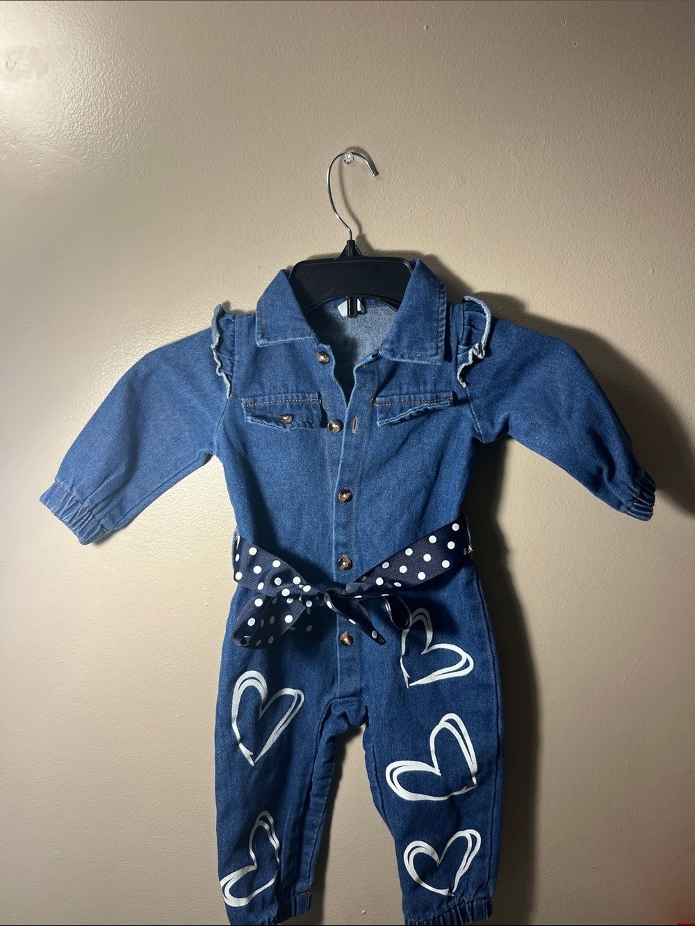 SHEIN Navy Denim Jumpsuit with White Heart Accents and Polka Dot Belt